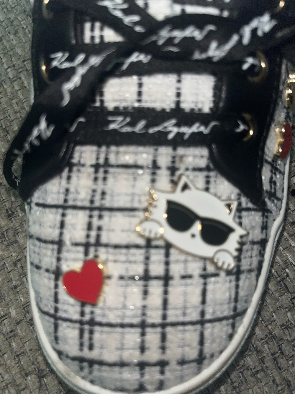 Karl Lagerfeld Black & White Tweed Sneakers with Red Heart Charms - Picture 8 of 11